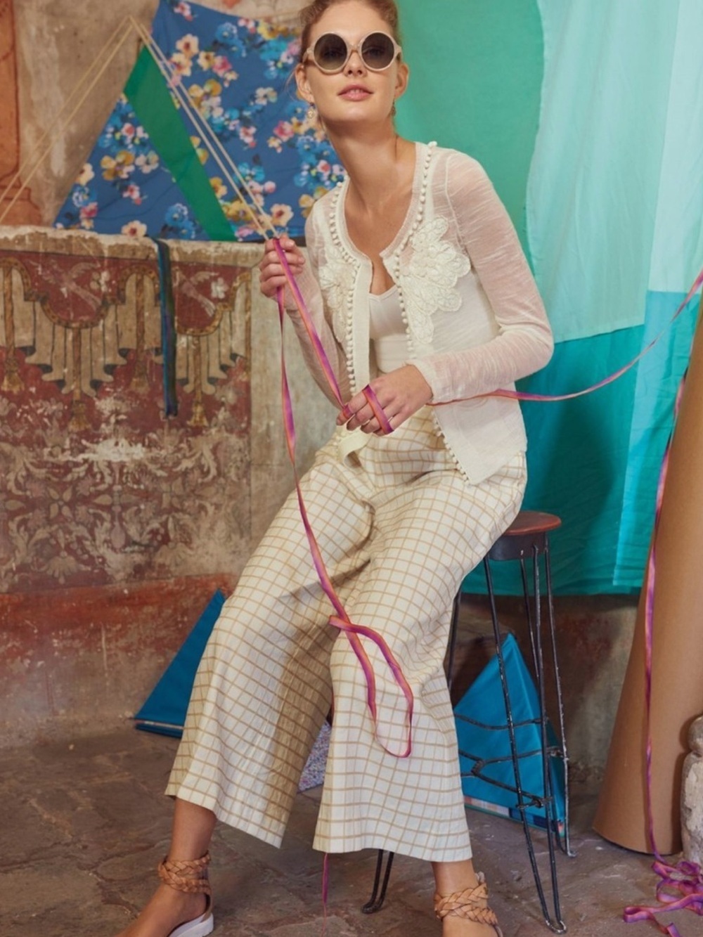 Anthropologie Elevenses Windowpane Culottes Cropped Wide Leg Pants Linen Rayon